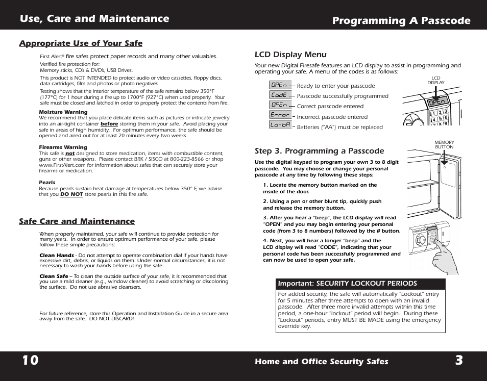 Programming a passcode, Use, care and maintenance, Lcd display menu | Safe care and maintenance, Appropriate use of your safe | First Alert 2054DF User Manual | Page 12 / 16