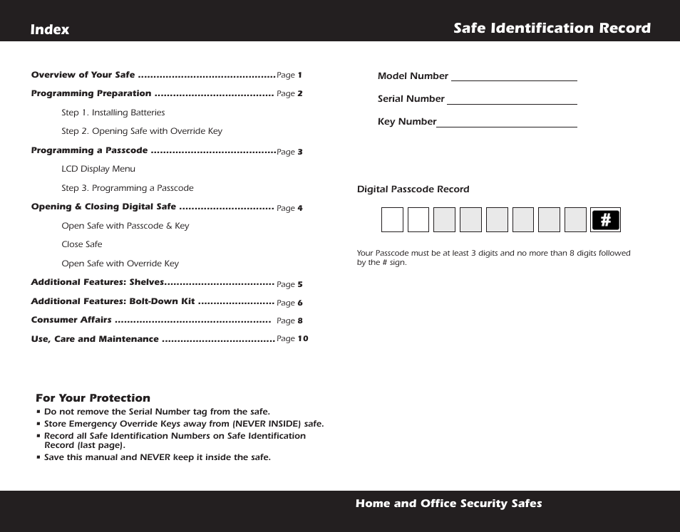 Index safe identification record, For your protection, Home and office security safes | First Alert 2054DF User Manual | Page 15 / 16