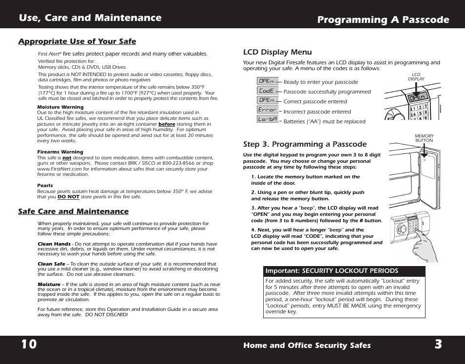 Programming a passcode, Use, care and maintenance, Lcd display menu | Safe care and maintenance, Appropriate use of your safe | First Alert 2054DF User Manual | Page 5 / 16