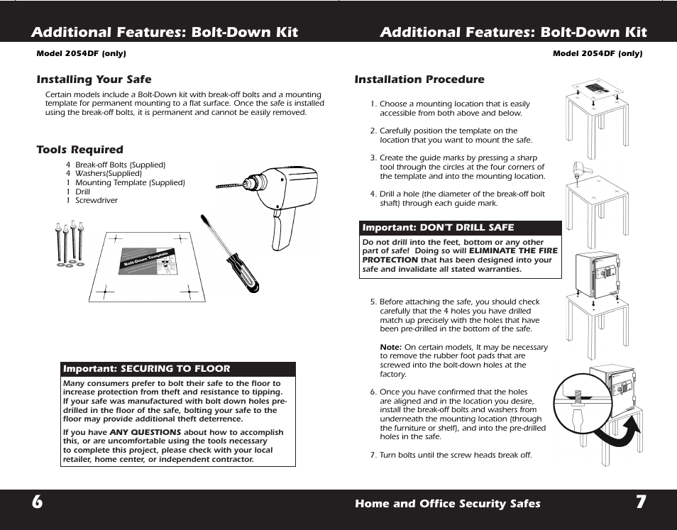 Additional features: bolt-down kit, Home and office security safes, Installation procedure | Installing your safe, Tools required | First Alert 2054DF User Manual | Page 8 / 16