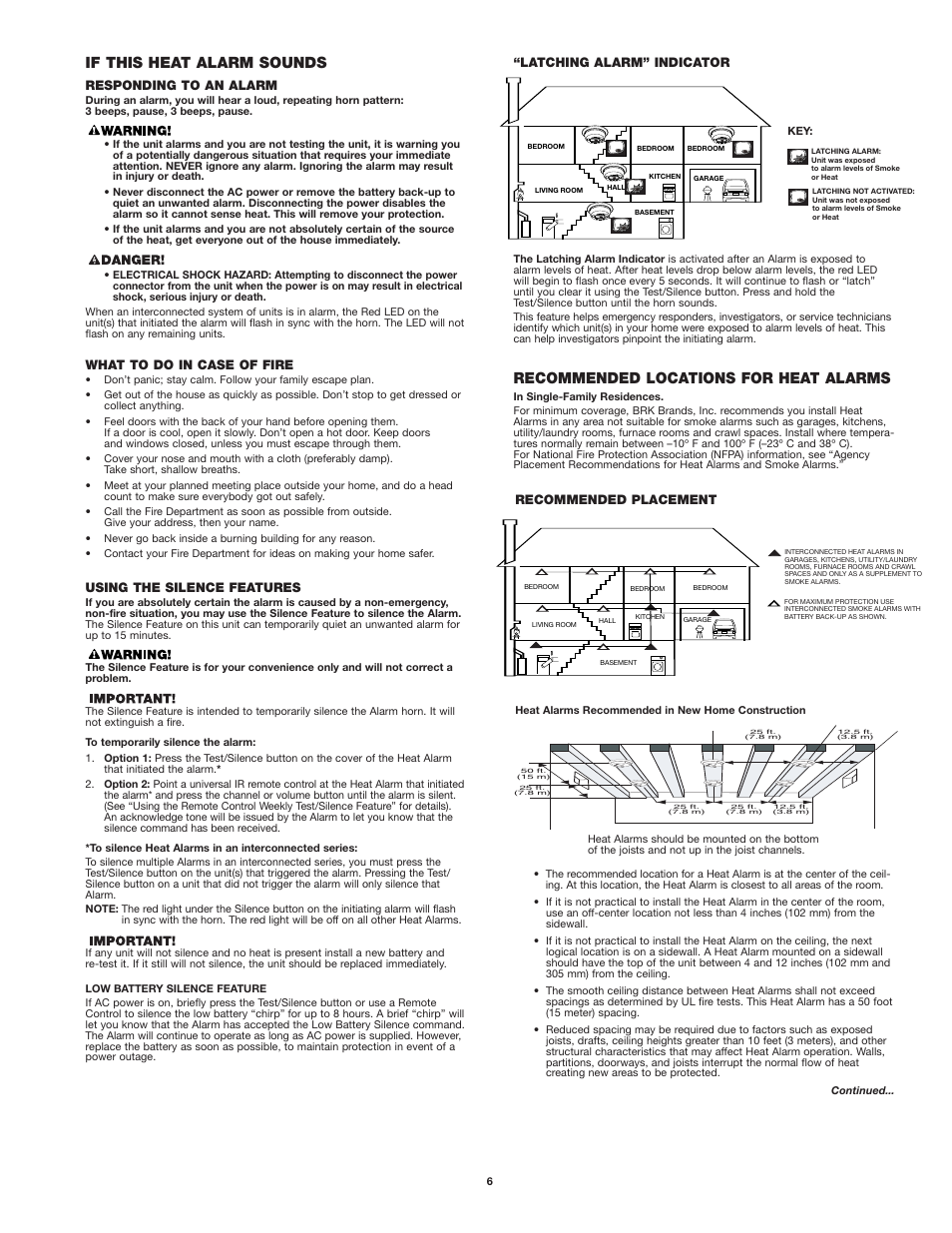 If this heat alarm sounds, Recommended locations for heat alarms, Responding to an alarm | What to do in case of fire, Using the silence features, Latching alarm” indicator, Recommended placement | First Alert HD6135FB User Manual | Page 6 / 8