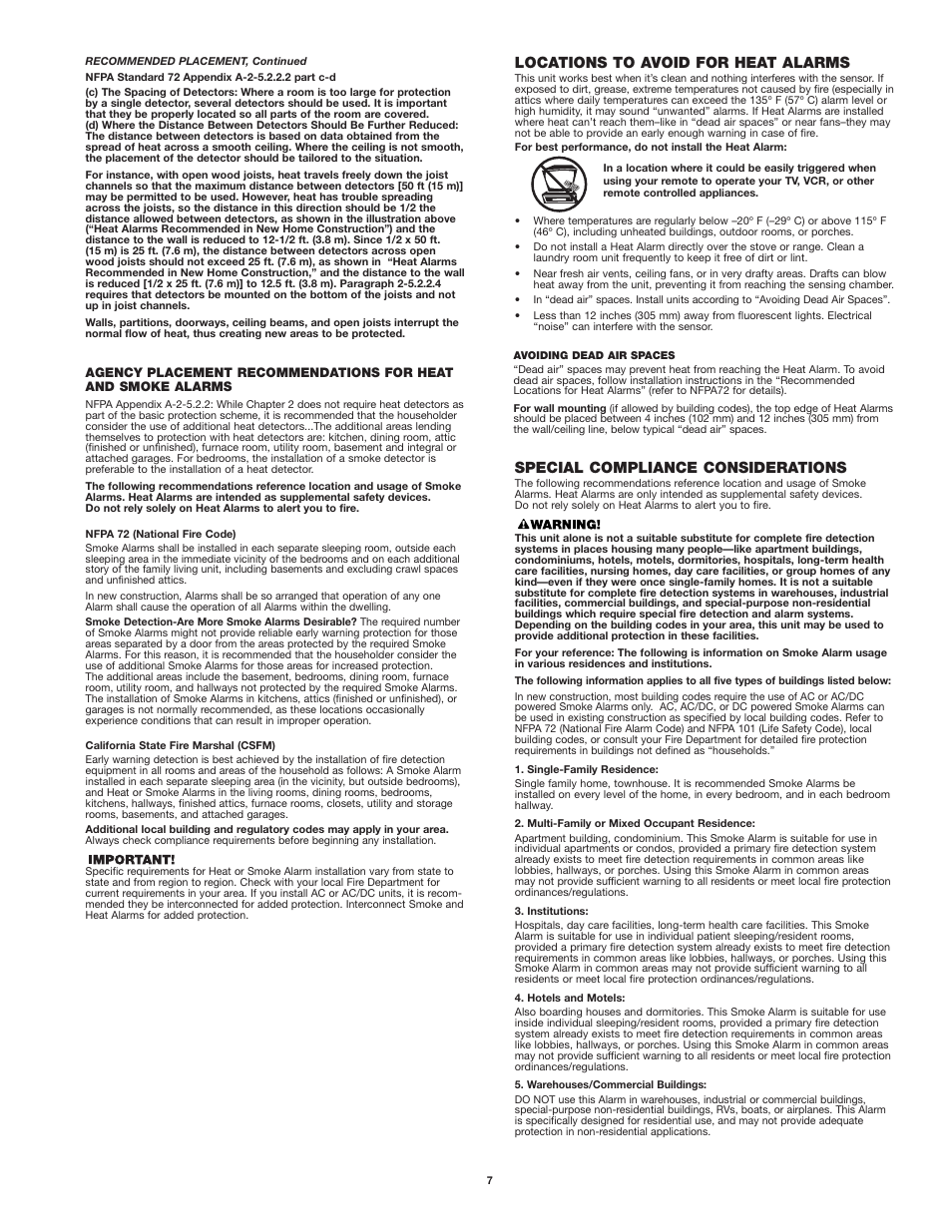 Locations to avoid for heat alarms, Special compliance considerations | First Alert HD6135FB User Manual | Page 7 / 8