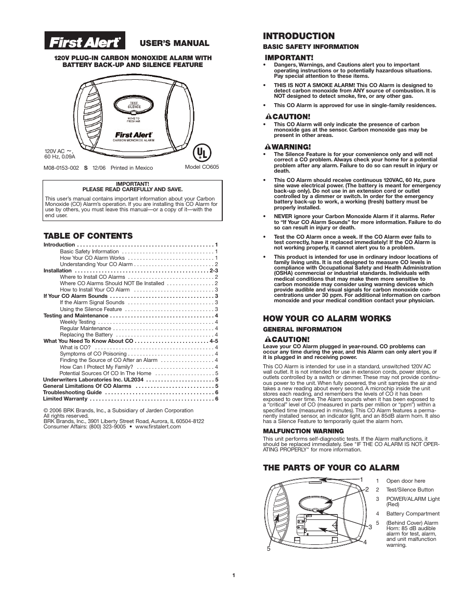 First Alert CO605 User Manual | 6 pages