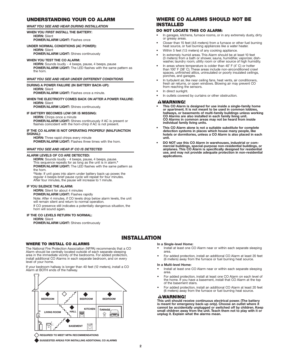 Installation, Where co alarms should not be installed, Understanding your co alarm | First Alert CO605 User Manual | Page 2 / 6