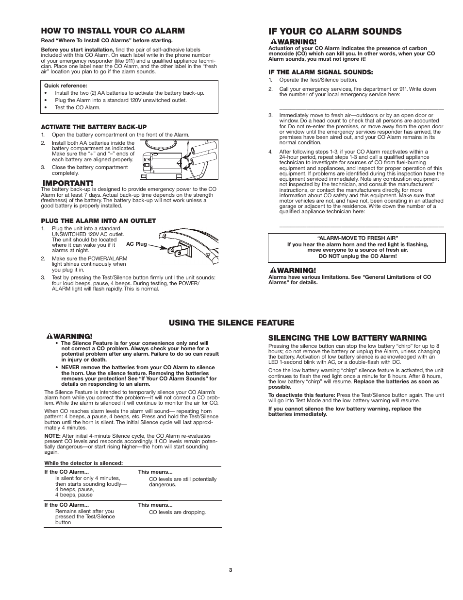 If your co alarm sounds, How to install your co alarm, Using the silence feature | Silencing the low battery warning | First Alert CO605 User Manual | Page 3 / 6