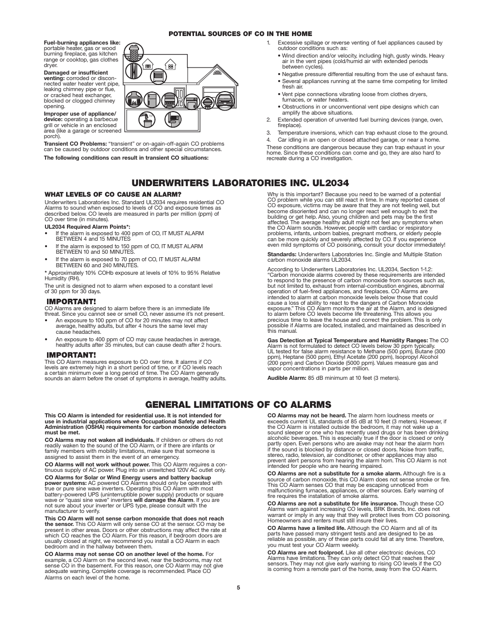 Underwriters laboratories inc. ul2034, General limitations of co alarms | First Alert CO605 User Manual | Page 5 / 6