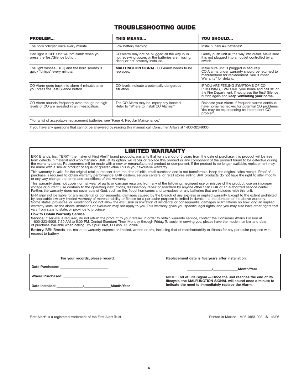 Limited warranty, Troubleshooting guide | First Alert CO605 User Manual | Page 6 / 6