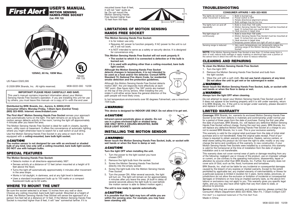 First Alert MOTION SENSING M08-0222-000 User Manual | 1 page