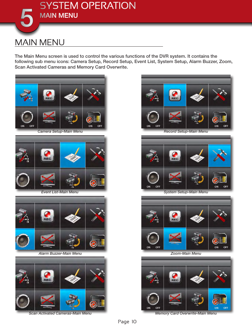 System operation, Main menu, Main menu screens | First Alert Wireless 4GB Security System DWS-472 User Manual | Page 10 / 32