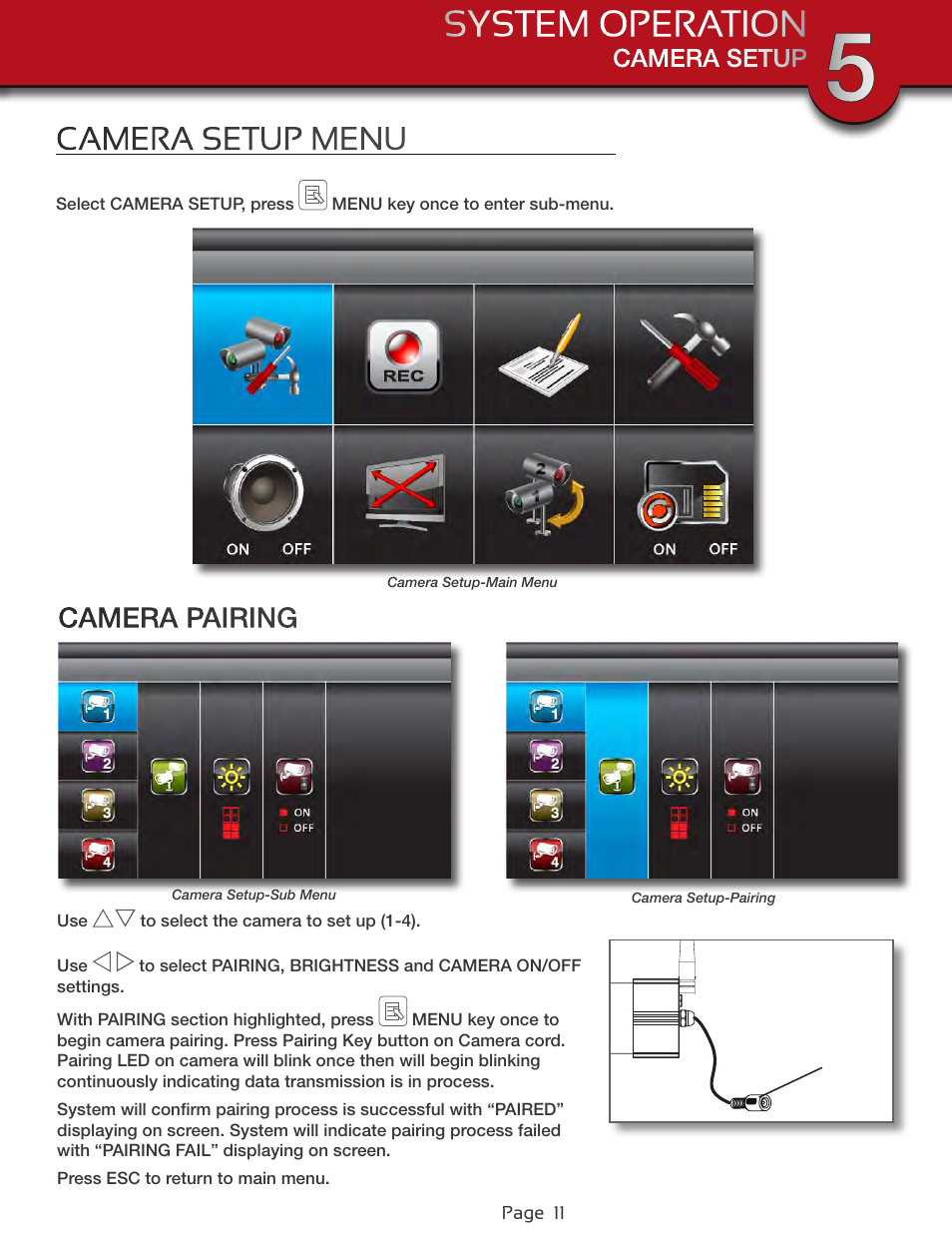 Camera setup menu, Camera pairing, Camera setup | First Alert Wireless 4GB Security System DWS-472 User Manual | Page 11 / 32