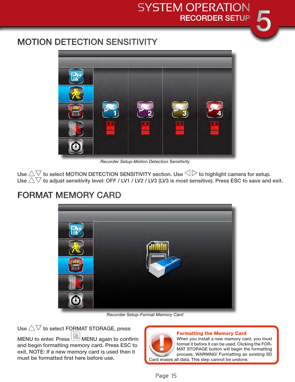 Motion detection sensitivity, Format memory card | First Alert Wireless 4GB Security System DWS-472 User Manual | Page 15 / 32