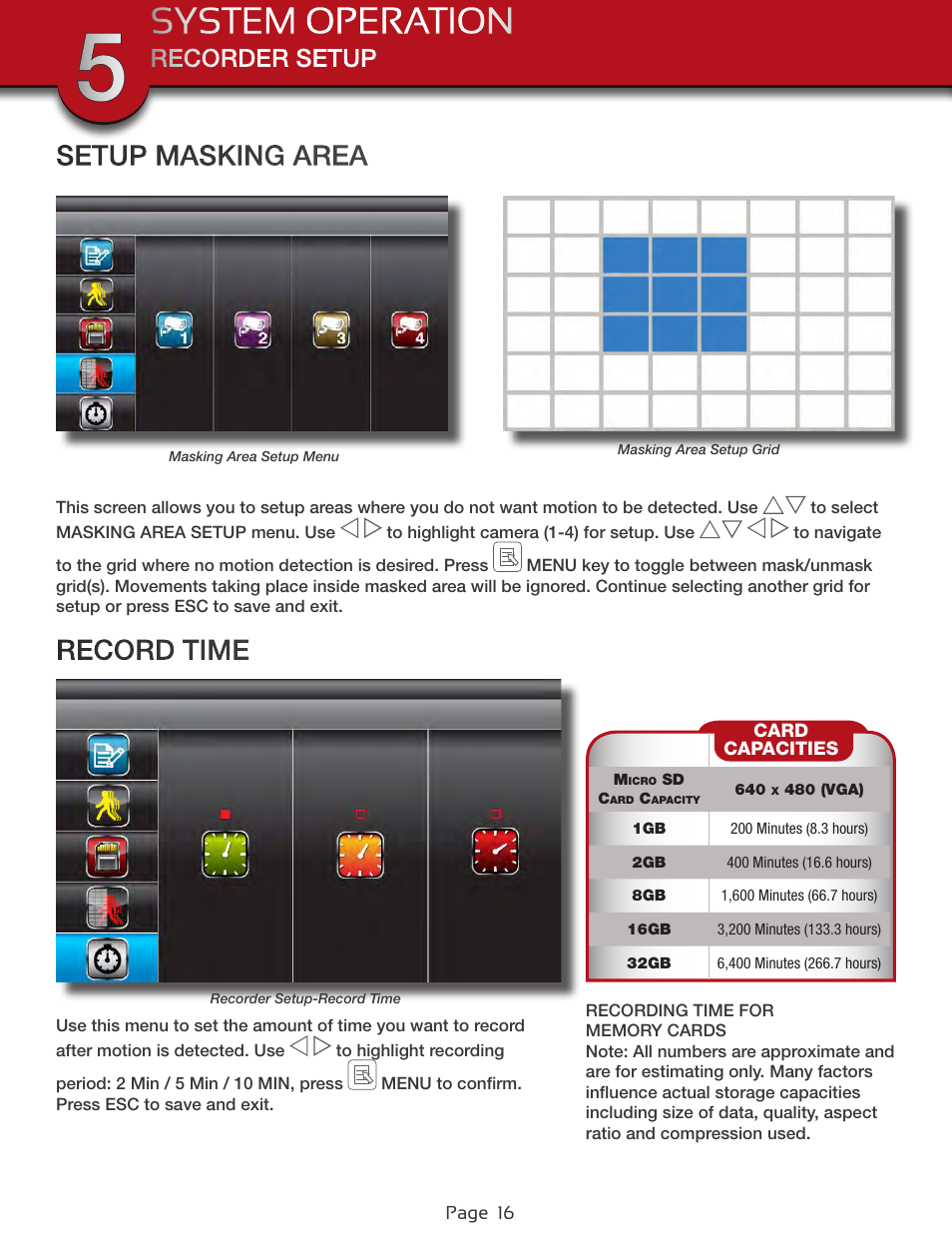 Setup masking area, Record time, Setup mask area | First Alert Wireless 4GB Security System DWS-472 User Manual | Page 16 / 32