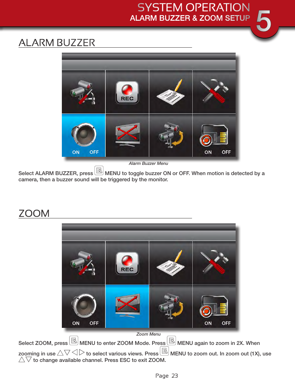 Alarm buzzer, Zoom | First Alert Wireless 4GB Security System DWS-472 User Manual | Page 23 / 32