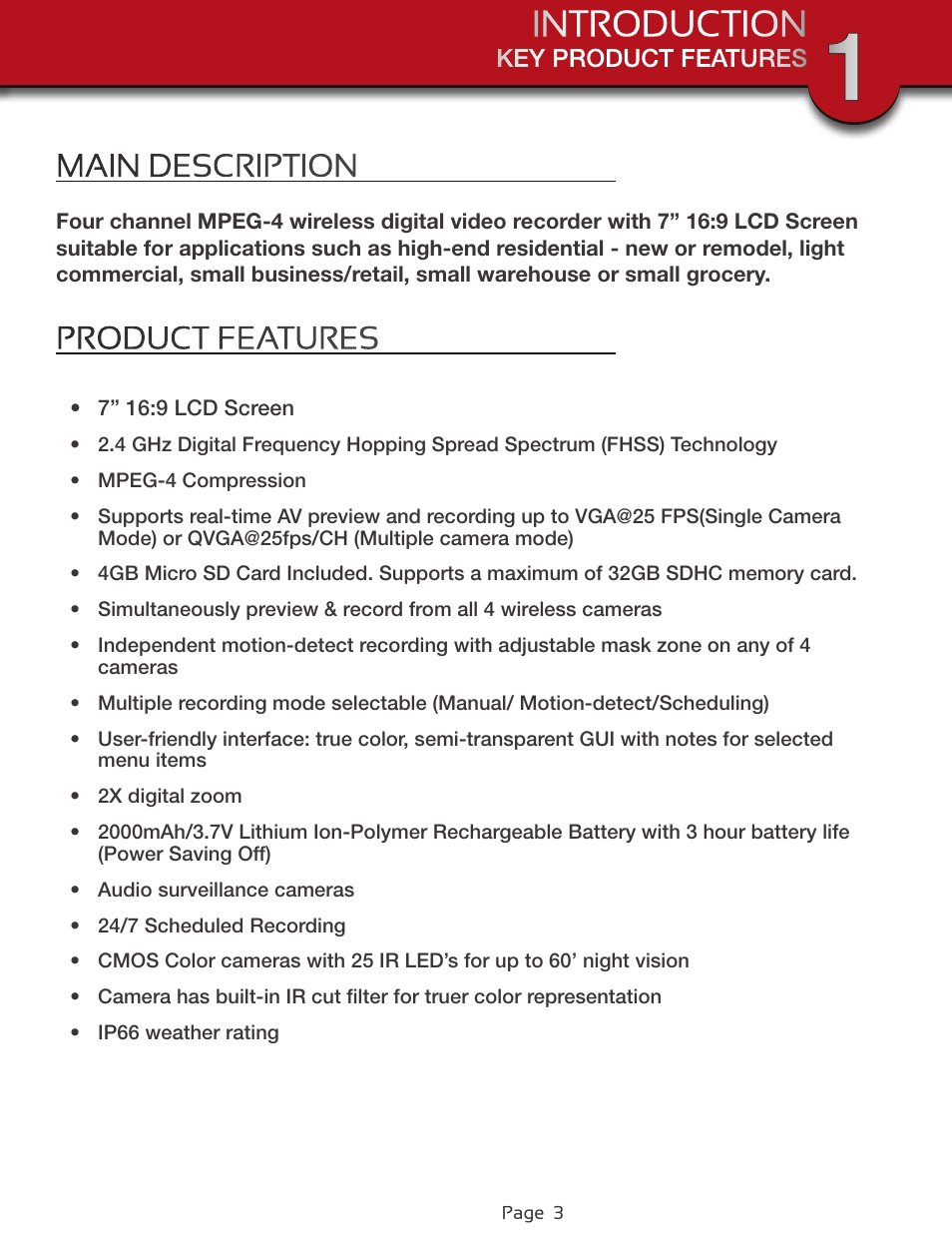 Key product features | First Alert Wireless 4GB Security System DWS-472 User Manual | Page 3 / 32