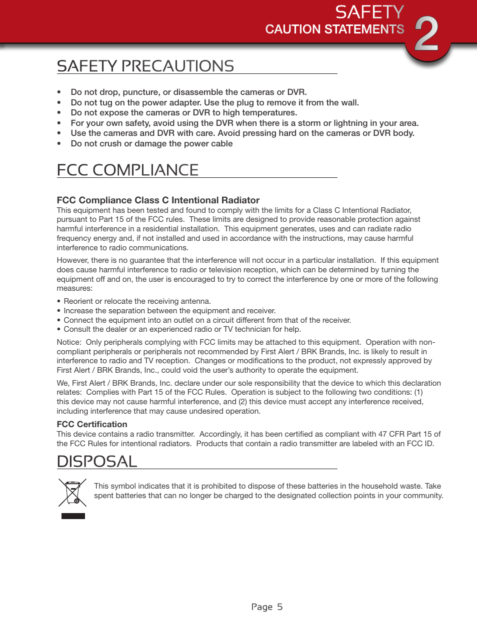 Caution statements, Fcc compliance, Safety | First Alert Wireless 4GB Security System DWS-472 User Manual | Page 5 / 32