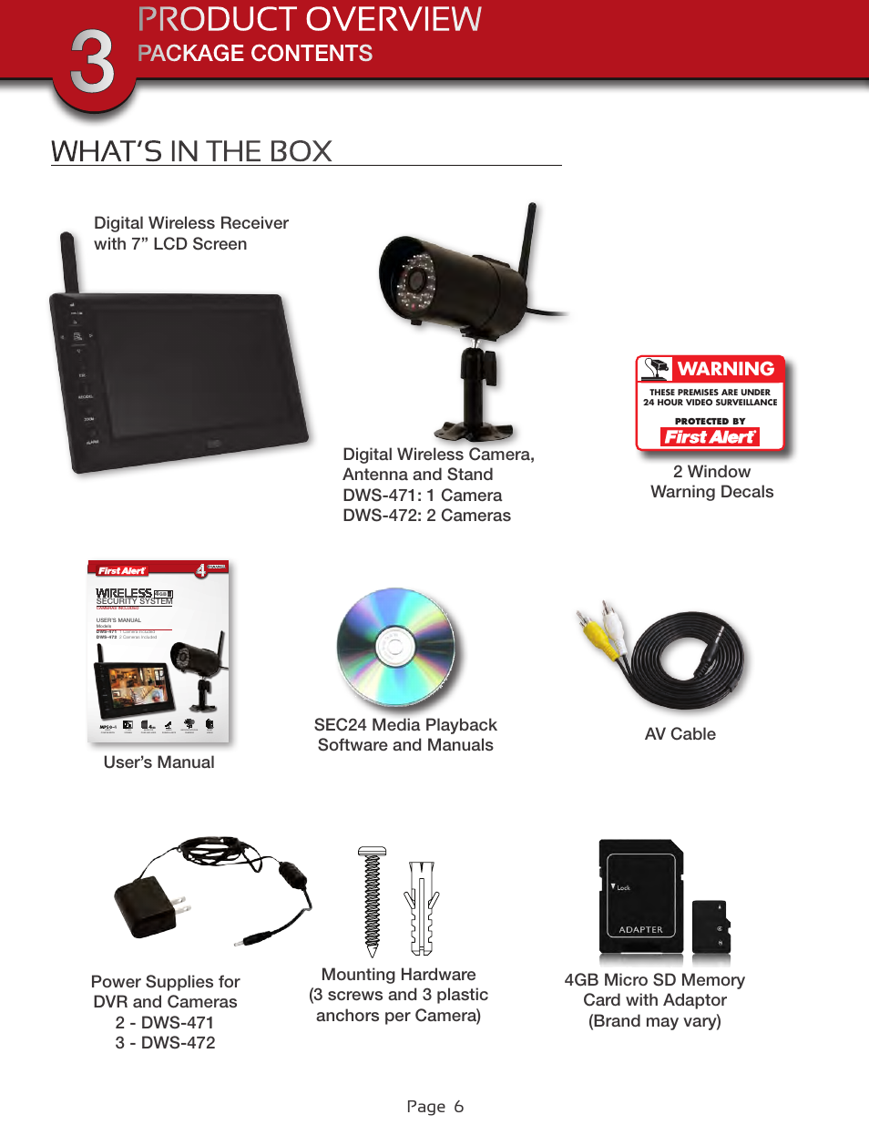 Product overview, What is in the box, Warning | Page 6 | First Alert Wireless 4GB Security System DWS-472 User Manual | Page 6 / 32