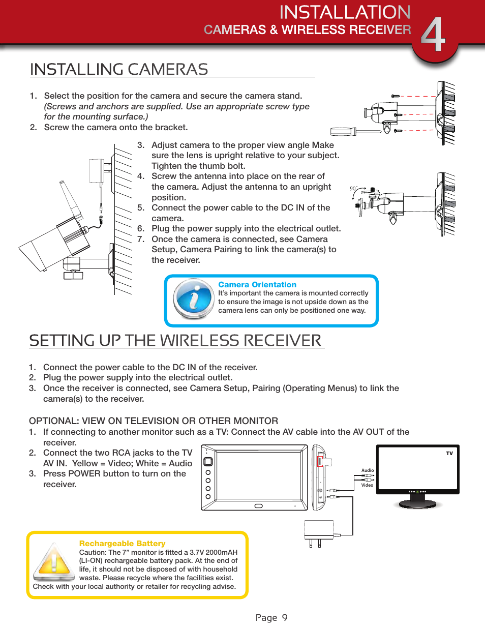 Installation, Installing cameras, Setting up the wireless receiver | First Alert Wireless 4GB Security System DWS-472 User Manual | Page 9 / 32