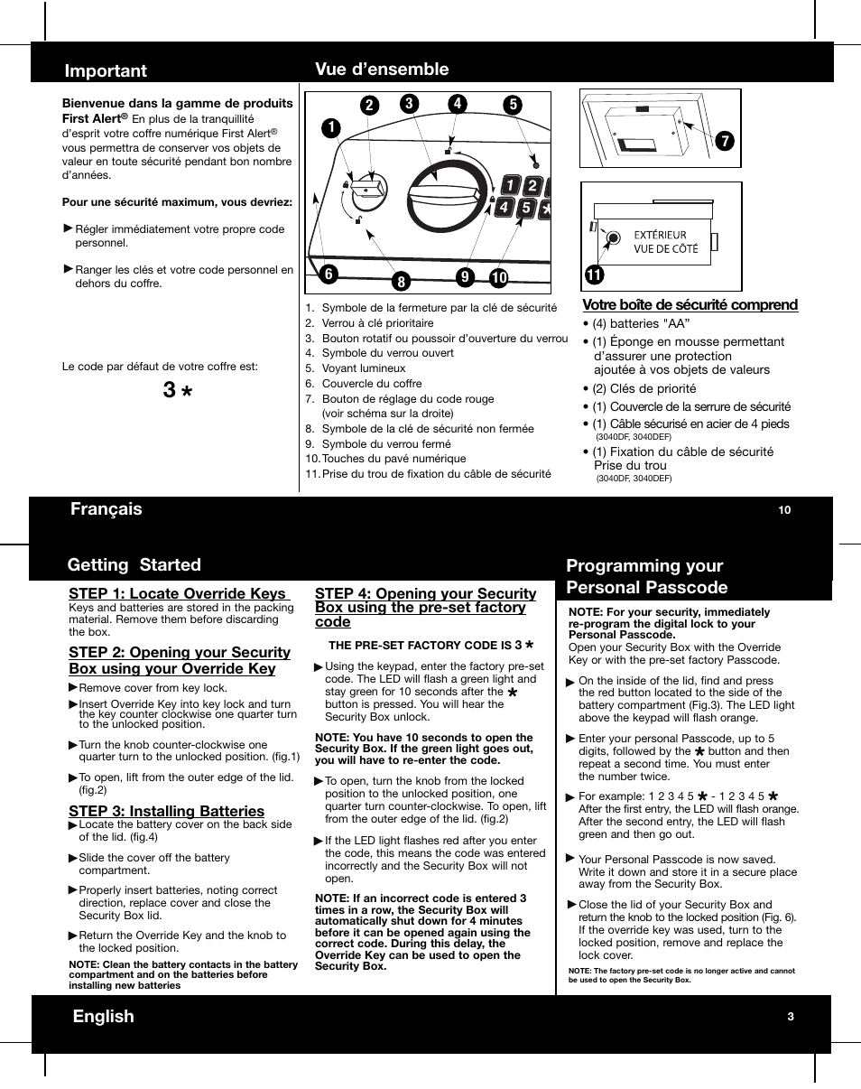 Getting started, English, Programming your personal passcode | Important, Vue d’ensemble, Français | First Alert 3040DF User Manual | Page 5 / 8