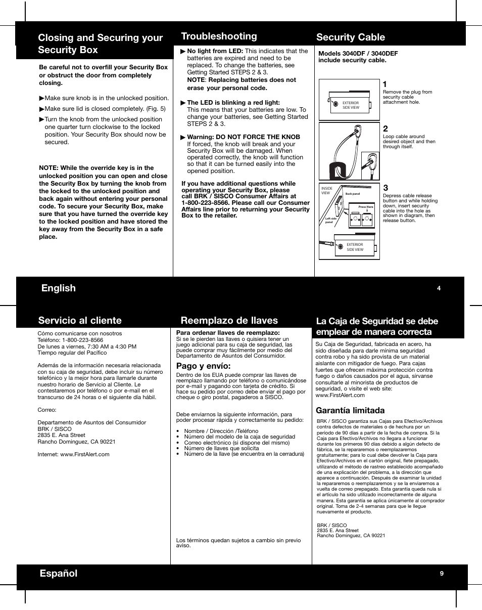 English closing and securing your security box, Troubleshooting, Security cable | Español, Servicio al cliente reemplazo de llaves, Pago y envío, Garantía limitada | First Alert 3040DF User Manual | Page 6 / 8