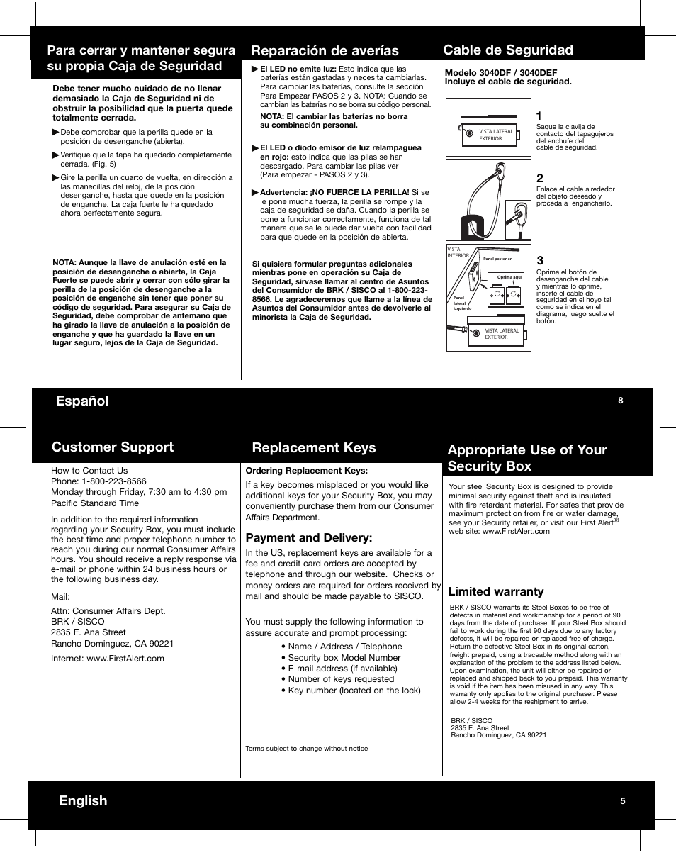 Español, Reparación de averías, Cable de seguridad | Payment and delivery, Limited warranty | First Alert 3040DF User Manual | Page 7 / 8
