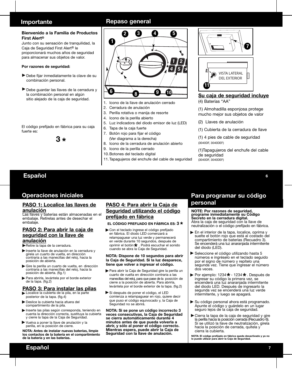 Operaciones iniciales, Español para programar su código personal, Importante | Repaso general español | First Alert 3040DF User Manual | Page 8 / 8