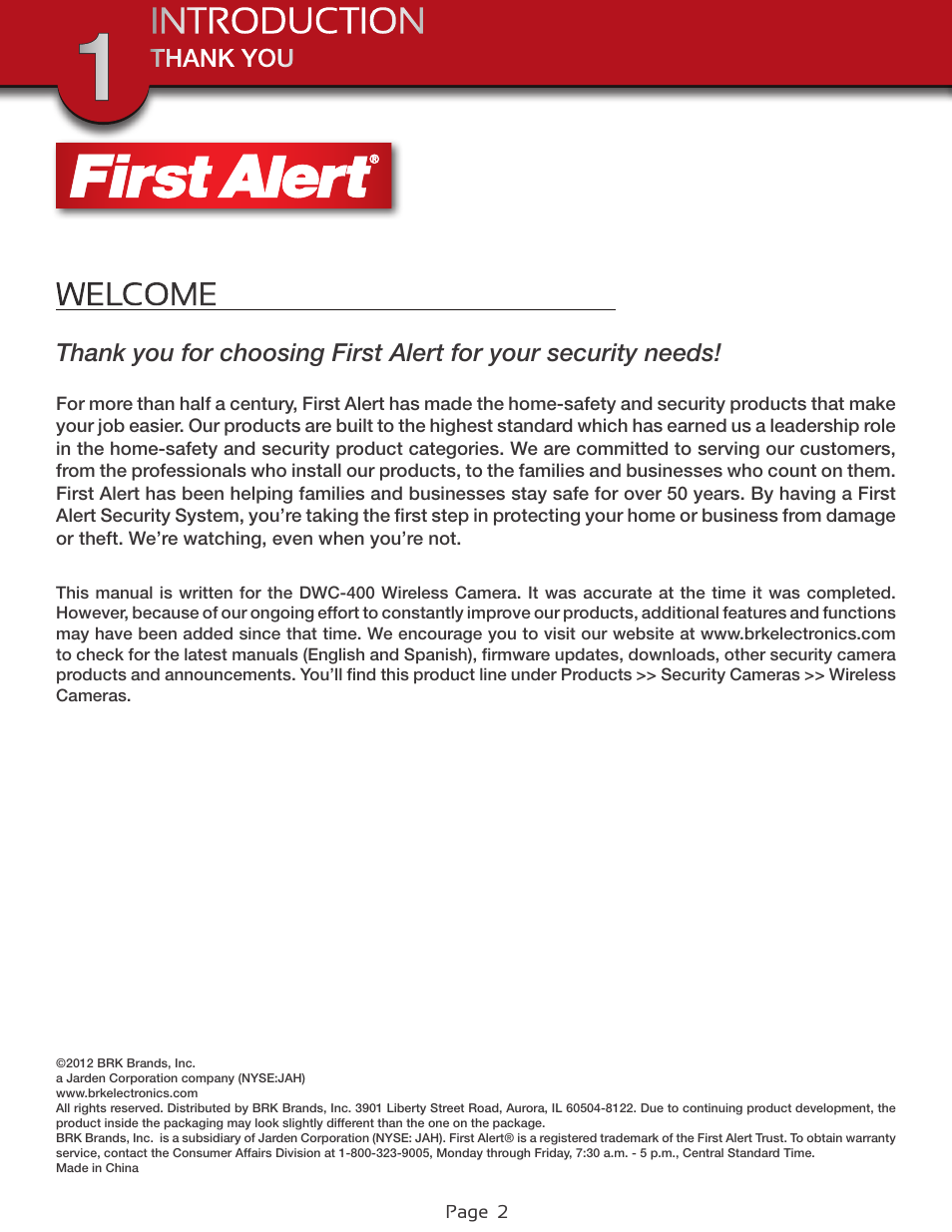 Introduction | First Alert Wireless Security Camera DWC-400 User Manual | Page 2 / 8