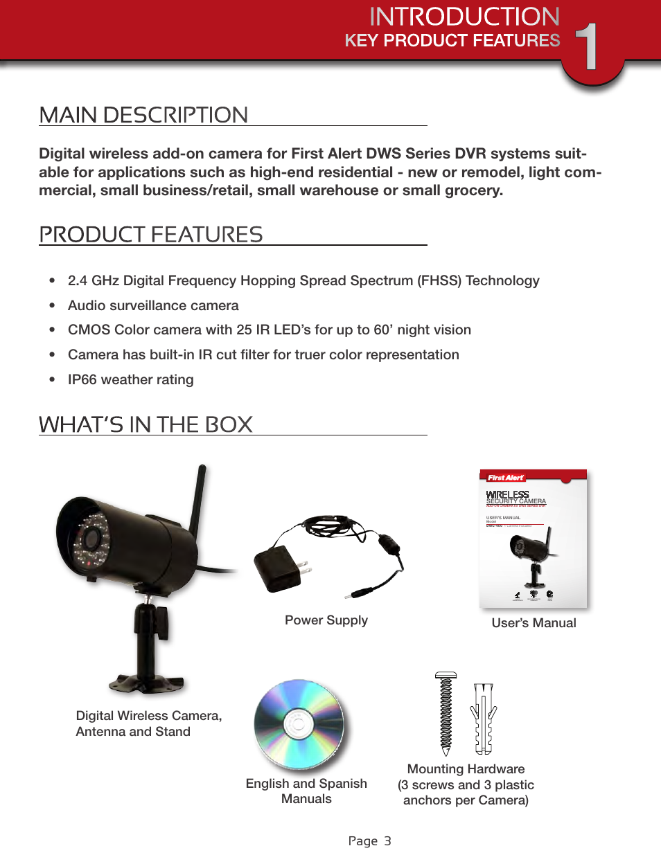 Key product features, What's in the box, Page 3 | English and spanish manuals | First Alert Wireless Security Camera DWC-400 User Manual | Page 3 / 8