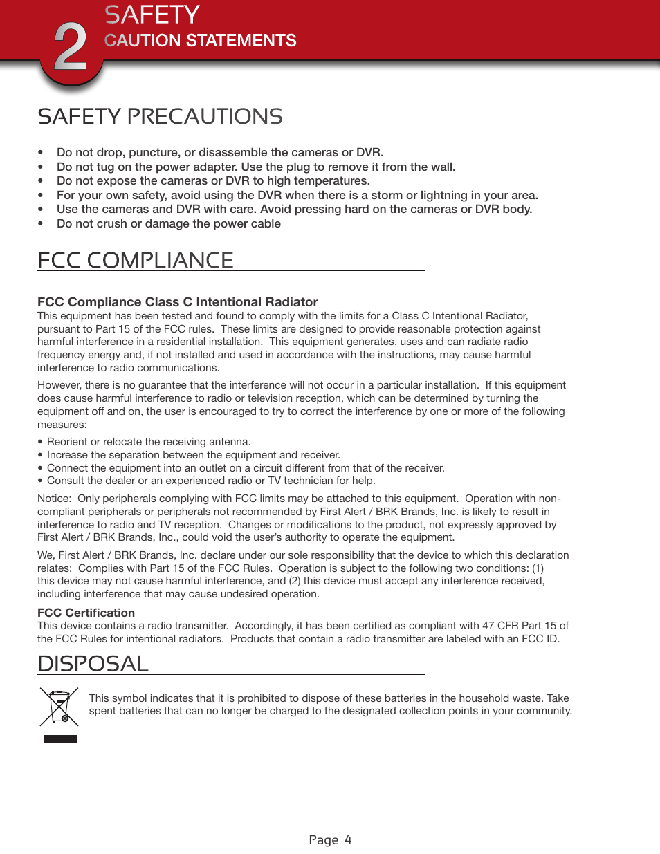 Safety, Safety precautions, Fcc compliance | First Alert Wireless Security Camera DWC-400 User Manual | Page 4 / 8