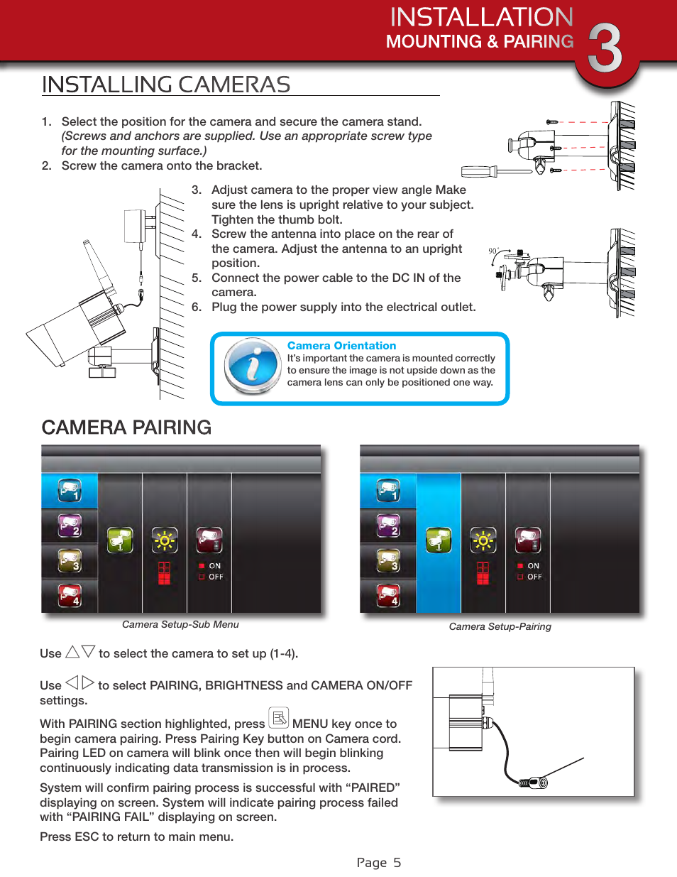 Installation, Installing cameras, Camera pairing | First Alert Wireless Security Camera DWC-400 User Manual | Page 5 / 8