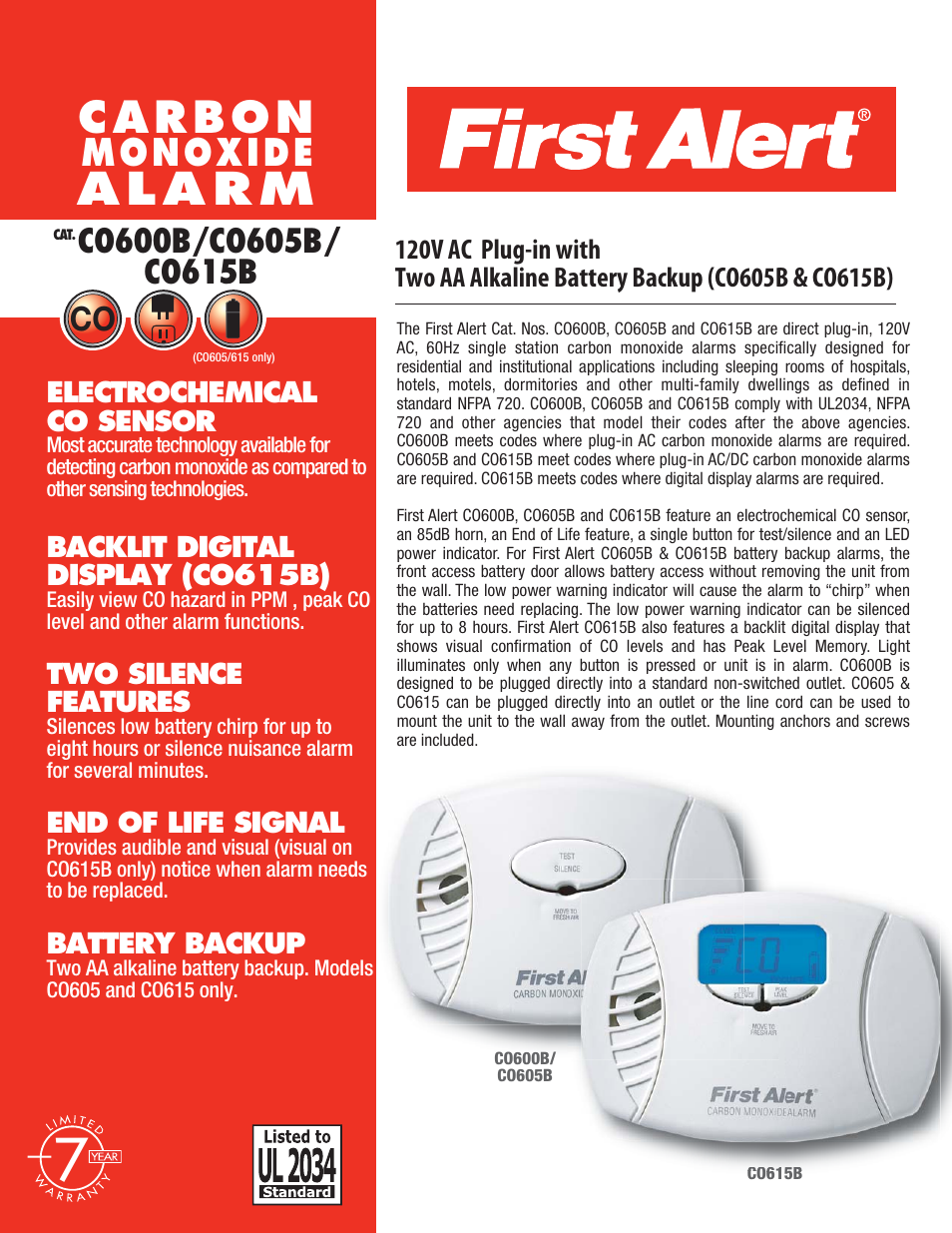 First Alert CO615B User Manual | 2 pages