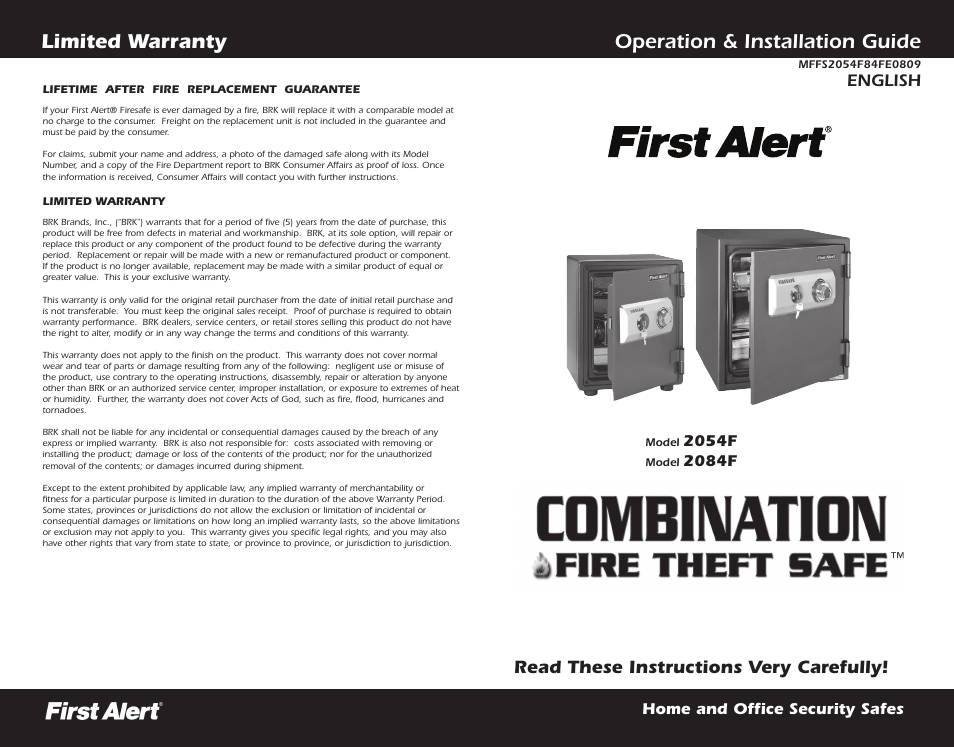 First Alert FIRE THEFT SAFE 2054F User Manual | 12 pages