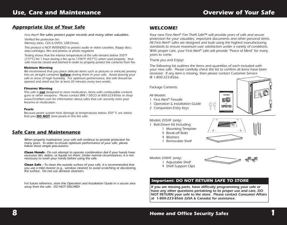 Overview of your safe, Use, care and maintenance, Welcome | Home and office security safes, Safe care and maintenance, Appropriate use of your safe | First Alert FIRE THEFT SAFE 2054F User Manual | Page 10 / 12