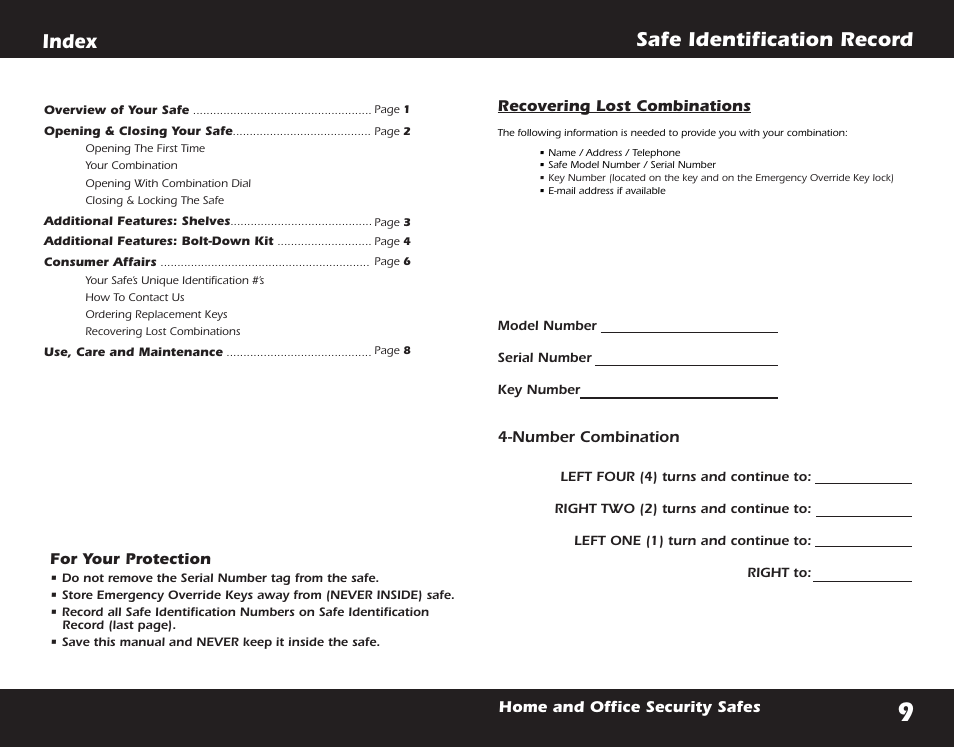 Index safe identification record, For your protection, Number combination recovering lost combinations | Home and office security safes | First Alert FIRE THEFT SAFE 2054F User Manual | Page 11 / 12