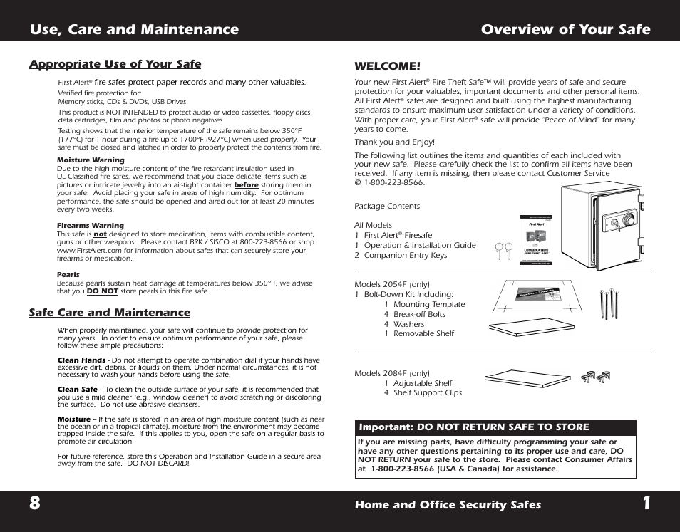 Overview of your safe, Use, care and maintenance, Welcome | Home and office security safes, Safe care and maintenance, Appropriate use of your safe | First Alert FIRE THEFT SAFE 2054F User Manual | Page 3 / 12