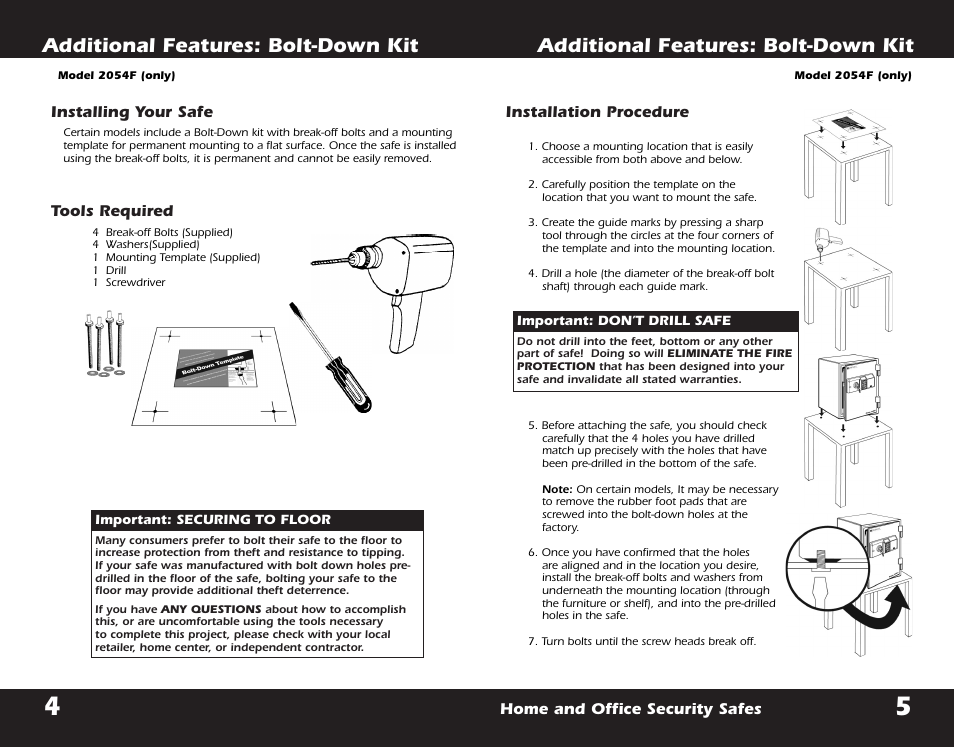 Additional features: bolt-down kit, Home and office security safes, Installation procedure | Installing your safe, Tools required | First Alert FIRE THEFT SAFE 2054F User Manual | Page 7 / 12