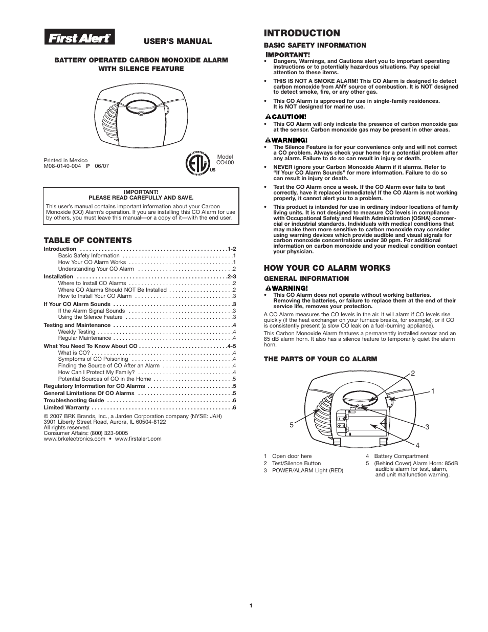 First Alert CO400 User Manual | 6 pages