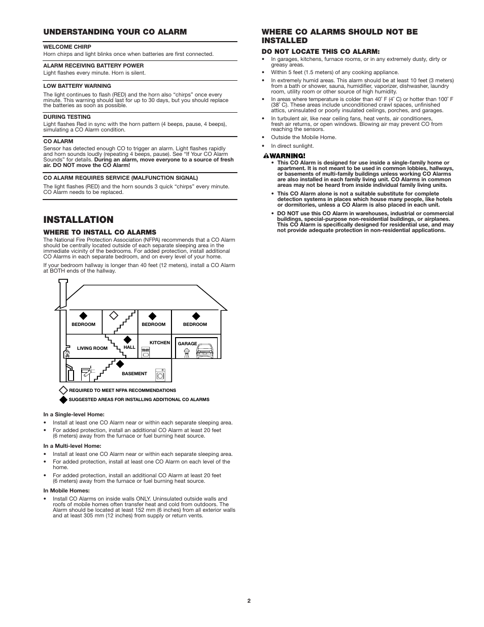 Installation, Where co alarms should not be installed, Understanding your co alarm | First Alert CO400 User Manual | Page 2 / 6