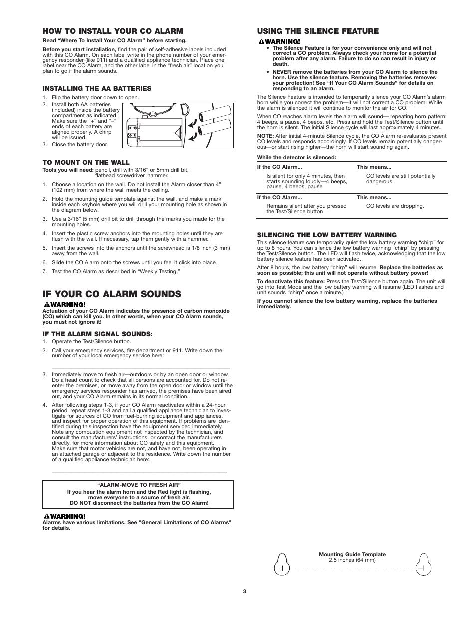 If your co alarm sounds, How to install your co alarm, Using the silence feature | First Alert CO400 User Manual | Page 3 / 6