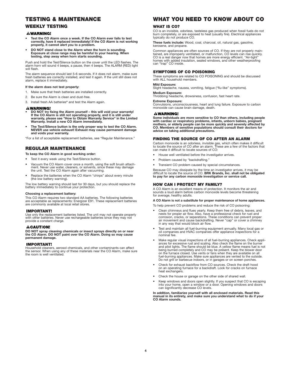 What you need to know about co, Testing & maintenance, Weekly testing | Regular maintenance | First Alert CO400 User Manual | Page 4 / 6