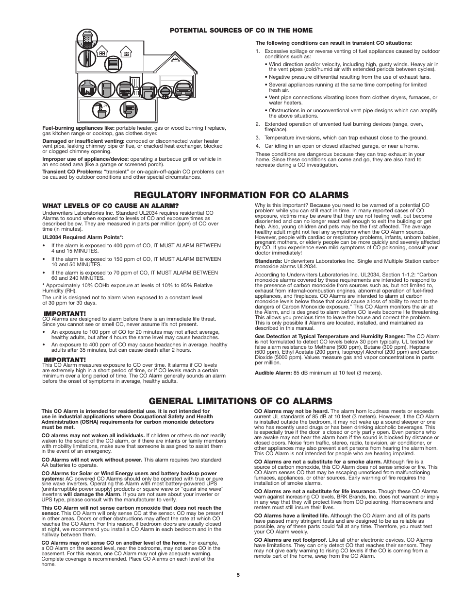 Regulatory information for co alarms, General limitations of co alarms | First Alert CO400 User Manual | Page 5 / 6