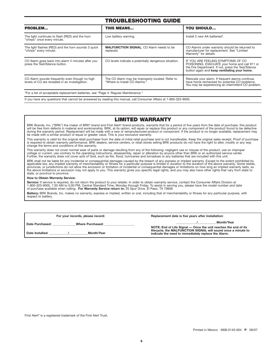 Limited warranty, Troubleshooting guide | First Alert CO400 User Manual | Page 6 / 6