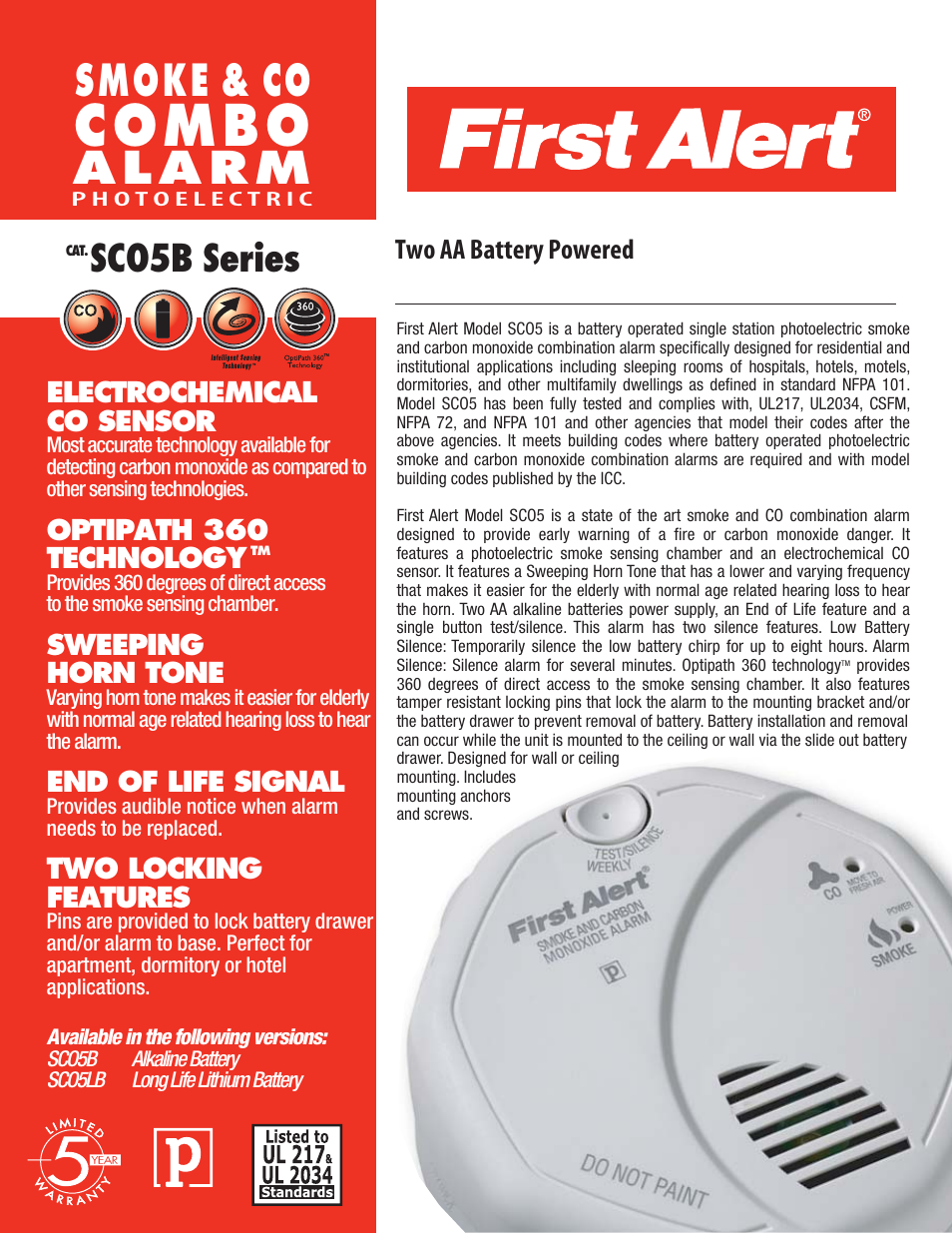 First Alert SCO5B User Manual | 2 pages