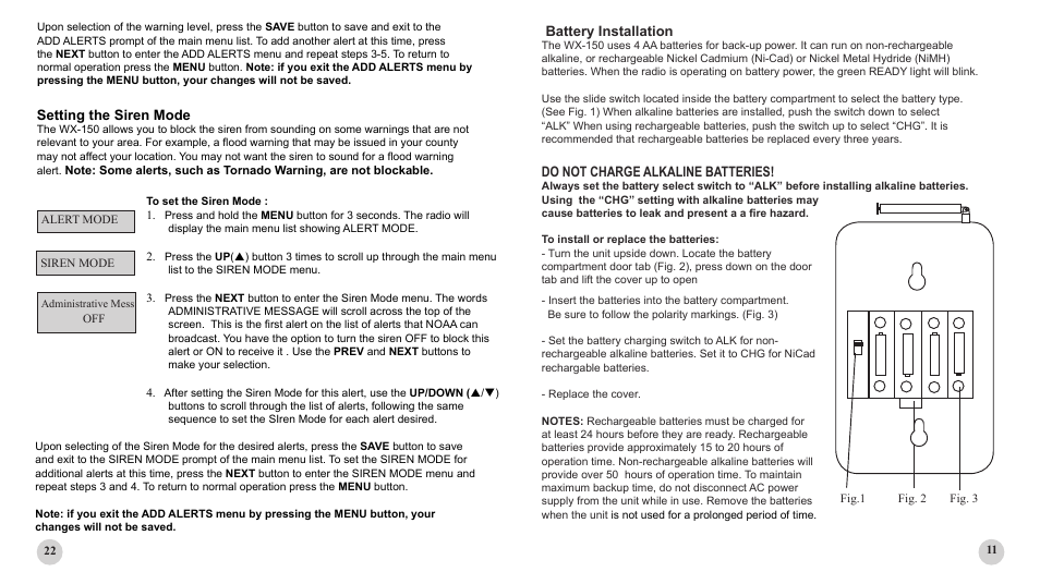 Battery installation, Do not charge alkaline batteries, Setting the siren mode | First Alert WX-150 User Manual | Page 11 / 16