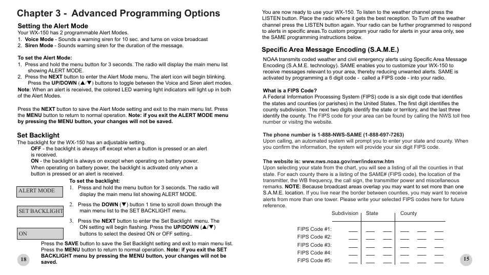 Chapter 3 - advanced programming options, Specific area message encoding (s.a.m.e.), Setting the alert mode | Set backlight | First Alert WX-150 User Manual | Page 15 / 16