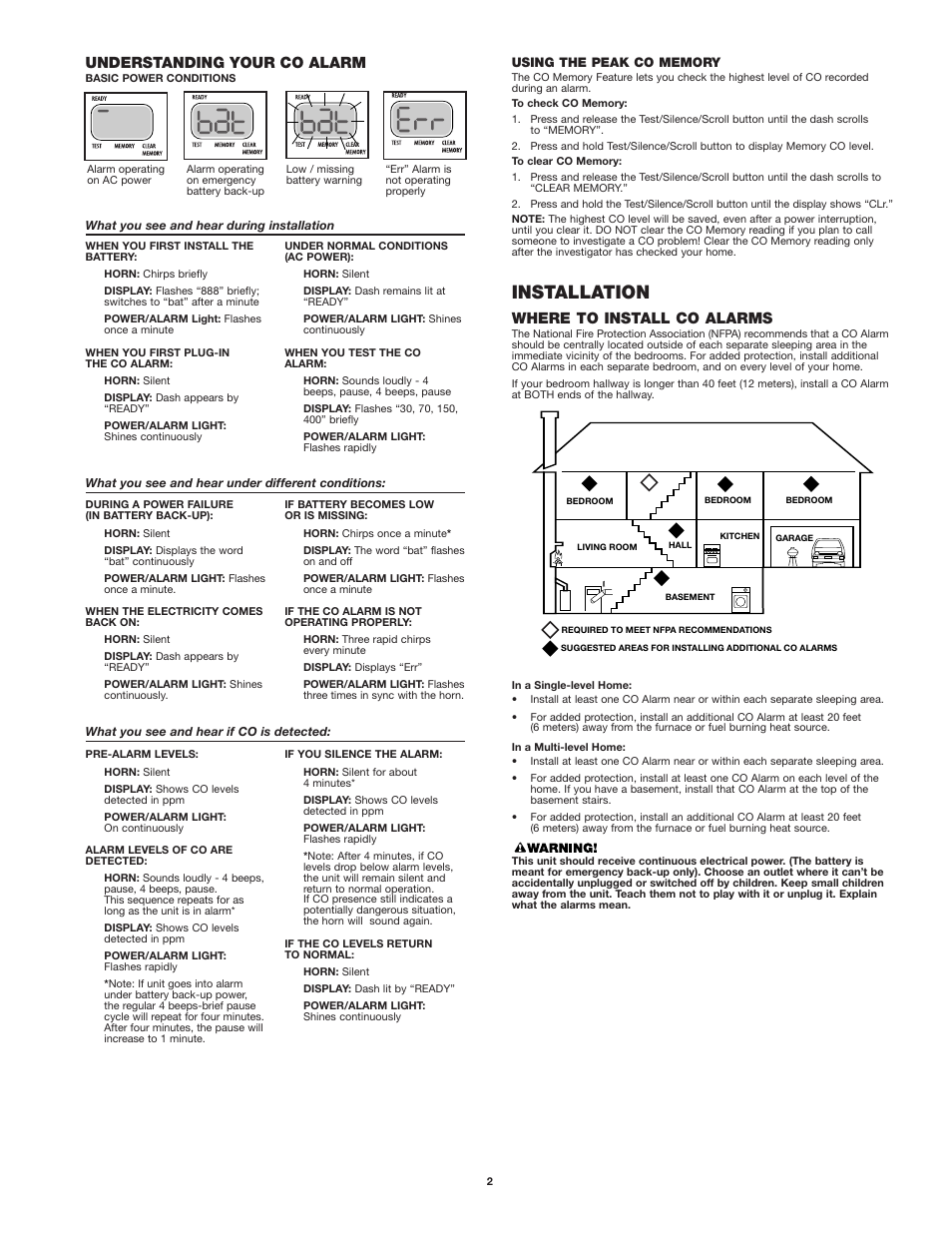 Installation, Where to install co alarms, Understanding your co alarm | First Alert co614 User Manual | Page 2 / 6