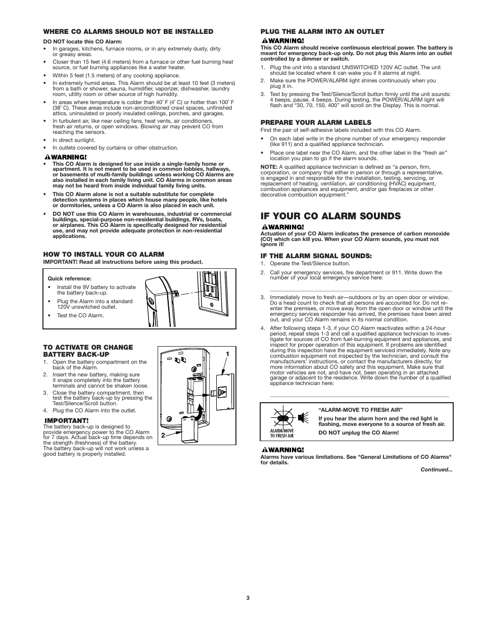 If your co alarm sounds | First Alert co614 User Manual | Page 3 / 6