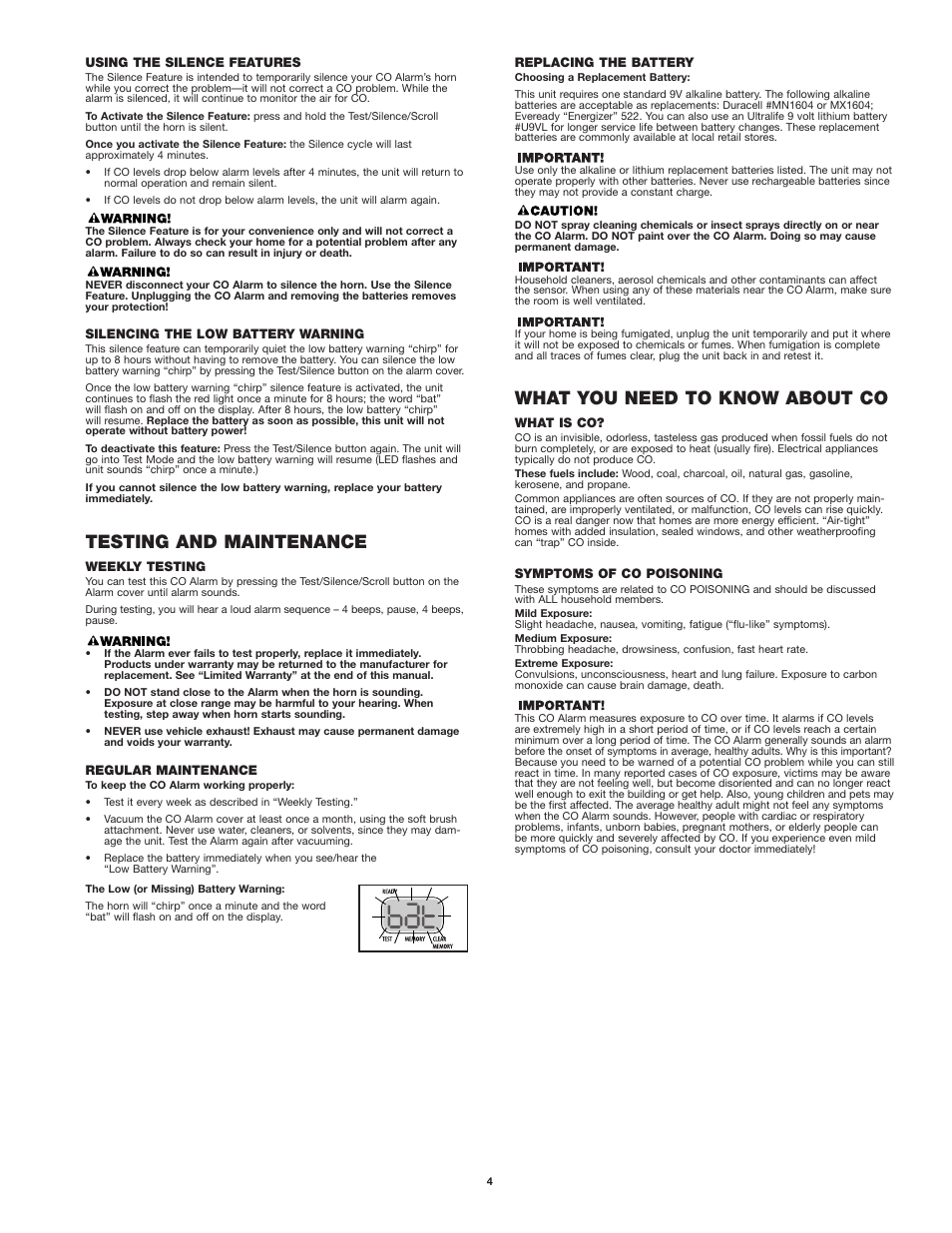 Testing and maintenance, What you need to know about co | First Alert co614 User Manual | Page 4 / 6