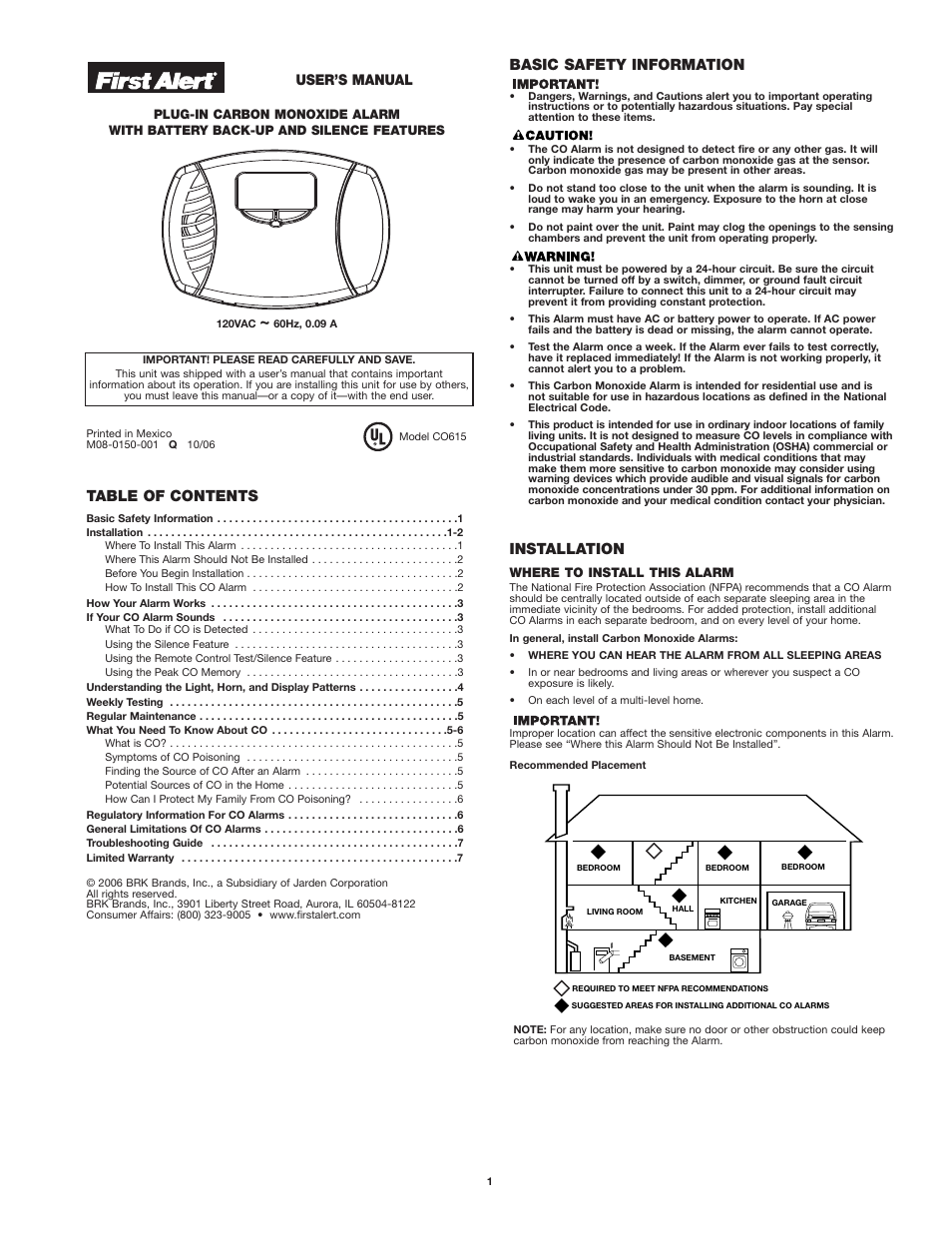 First Alert CO615 User Manual | 7 pages