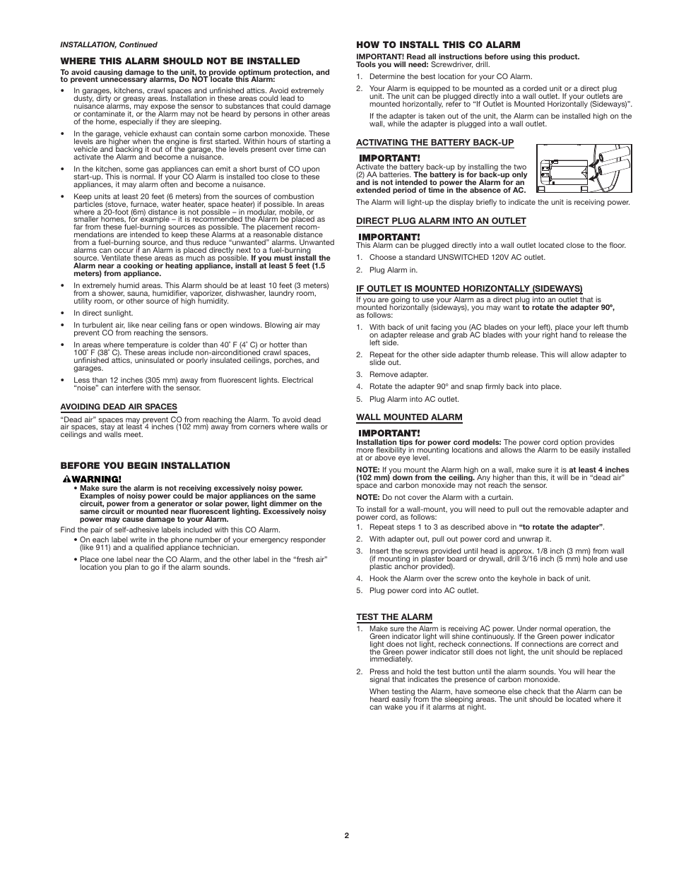 First Alert CO615 User Manual | Page 2 / 7