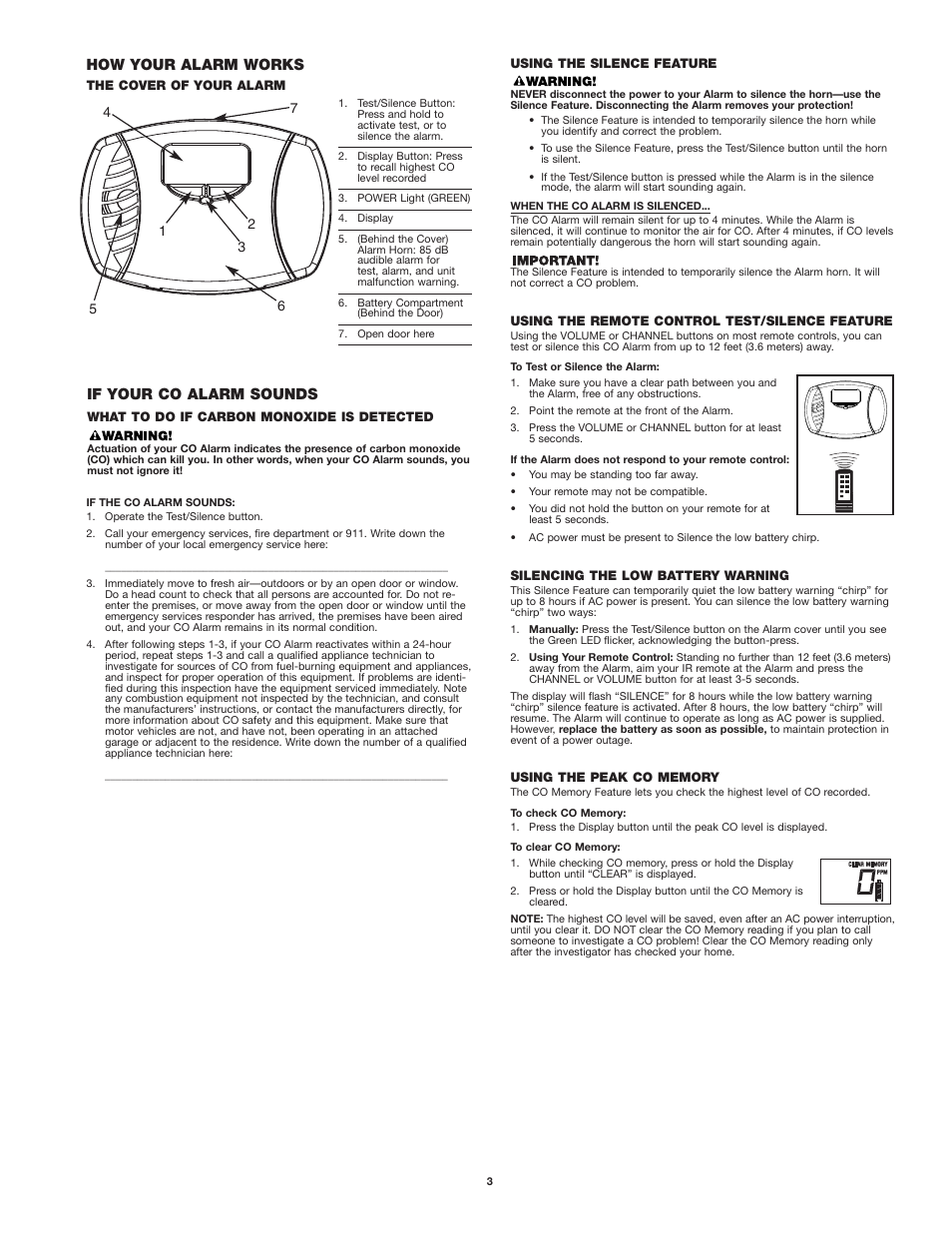 How your alarm works, If your co alarm sounds | First Alert CO615 User Manual | Page 3 / 7